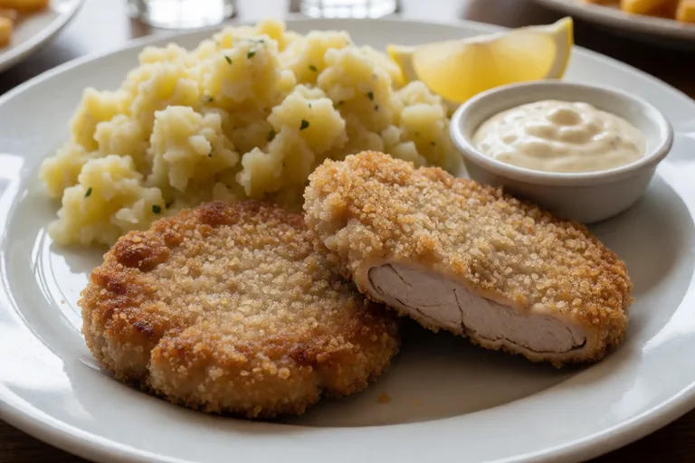 Smažené duo řízečky v panko strouhance, šťouchané brambory, tatarka